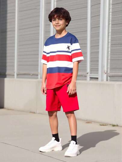 Vacaura 2pcs/Set Boys' Striped Print T-Shirt And Red Shorts, Soft And Comfortable Fabric, Suitable For Outings, Photos, School, Sports And Various Occasions