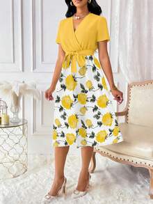 Xyvia 女士印花重叠V领短袖优雅连衣裙长款女装 - 黃色 - 查看 4
