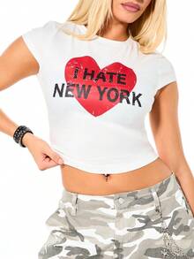 SUMWON WOMEN Plain Cropped Short Sleeve Graphic Tee With I Hate New York Heart Print Statement Top - White - View 4