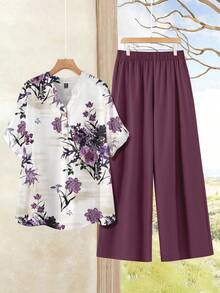 Rusticease 大码印花短袖上衣和纯色长裤两件套，休闲度假装 - 彩色 - 查看 1