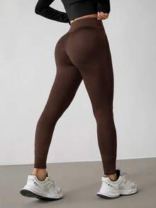 SHEIN PETITE 女士纯色高腰显瘦紧身打底裤 - 棕色 - 查看 2