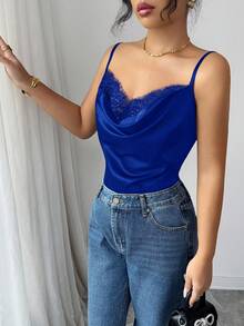Rafferiza Áo hai dây ren satin thanh lịch dành cho nữ màu đen - Màu xanh lam - Xem 3