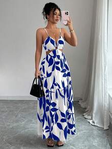 Elenzga petite Đầm maxi nữ kiểu dáng mới với họa tiết nơ và khoét lỗ, phong cách nghỉ mát. - Xanh và trắng - Xem 4