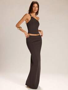 SHEIN BAE 女士棕色针织无袖吊带背心和低腰长裙套装，优雅两件套，棕色两件套 - 棕色 - 查看 4