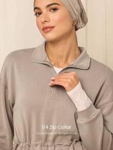 GLOWMODE X Reem Modest SoftSerene Modal 柔软点缀丝滑透气可调节抽绳腰带插袋四分之一拉链中长款卫衣日常休闲装 - 卡其色 - 查看 4