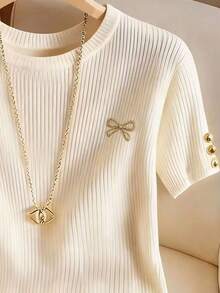 Franclia Women's Round Neck Ribbed Bow Embroidery Pattern Casual Versatile Short Sleeve T-Shirt - Apricot - View 4