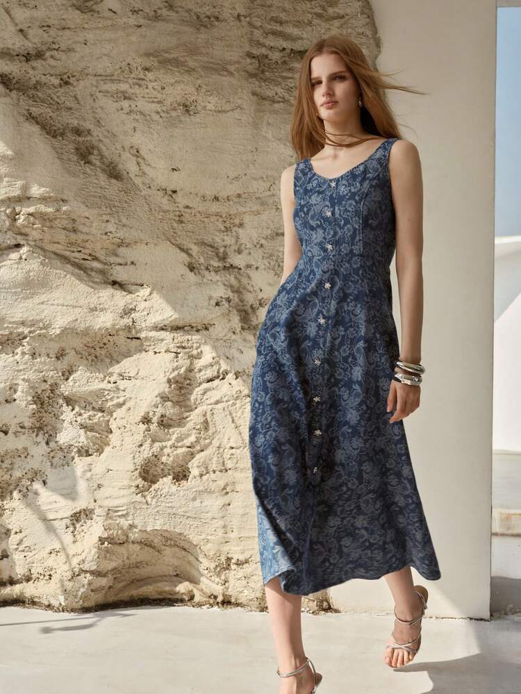 TEXTURED JACQUARD CINCHED WAIST DENIM DRESS