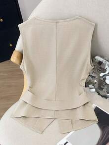 GlowEve Women's Fashion V-Neck Pleated Sleeveless Romantic Elegant Casual Commute Date Party Dinner Jacket, Spring/Summer - Apricot - View 2