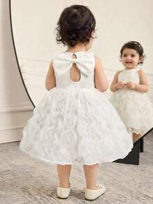 Baby Girls' Elegant Bowknot Back Embroidered Ruffle Hem Dress, White - White - View 3