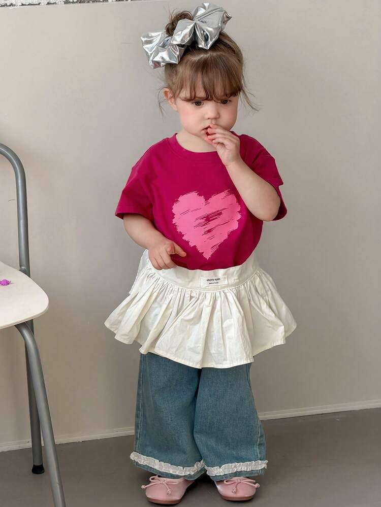 Baby Girls' Round Neck Solid Color Casual Heart Print Korean Style Short Sleeve T-Shirt Summer