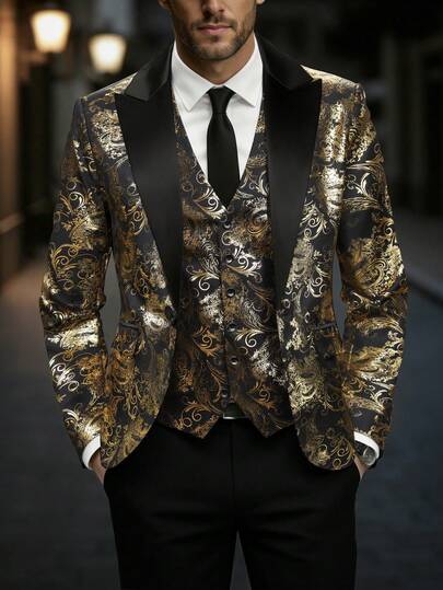 Manfinity AFTRDRK 男士夜店风时尚亮片印花夹克裤套装，适合派对主持人