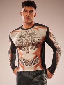 FeverCity Men's Letter & Cross Print Crew Neck Long Sleeve T-Shirt - Multicolor - View 6