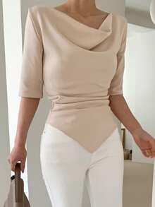 DAZY T-shirt d'été à col plongeant, taille cintrée, ourlet asymétrique et dos nu avec nœud pour femmes - Nude - Voir 5