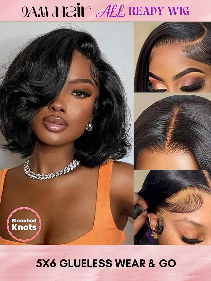 ALL READY WIG 戴上即走 无胶假发 波波头假发 散落式真人发 5x6 蕾丝闭合假发 女士真人发假发 带产前头发的无胶假发 5x6 闭合假发 真人发预拔波波头 度假装扮 旅行 节日 舞会 户外 角色扮演 校园 学校 海滩 婚礼 露营 假日装扮 夏季装扮 度假氛围 魅力 优雅 休闲 2000 年代时尚风格 SS25 关键词