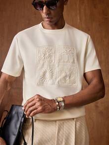 AKNOTIC Business Casual 男士短袖棕榈树刺绣圆领休闲T恤 - 棕色 - 查看 8