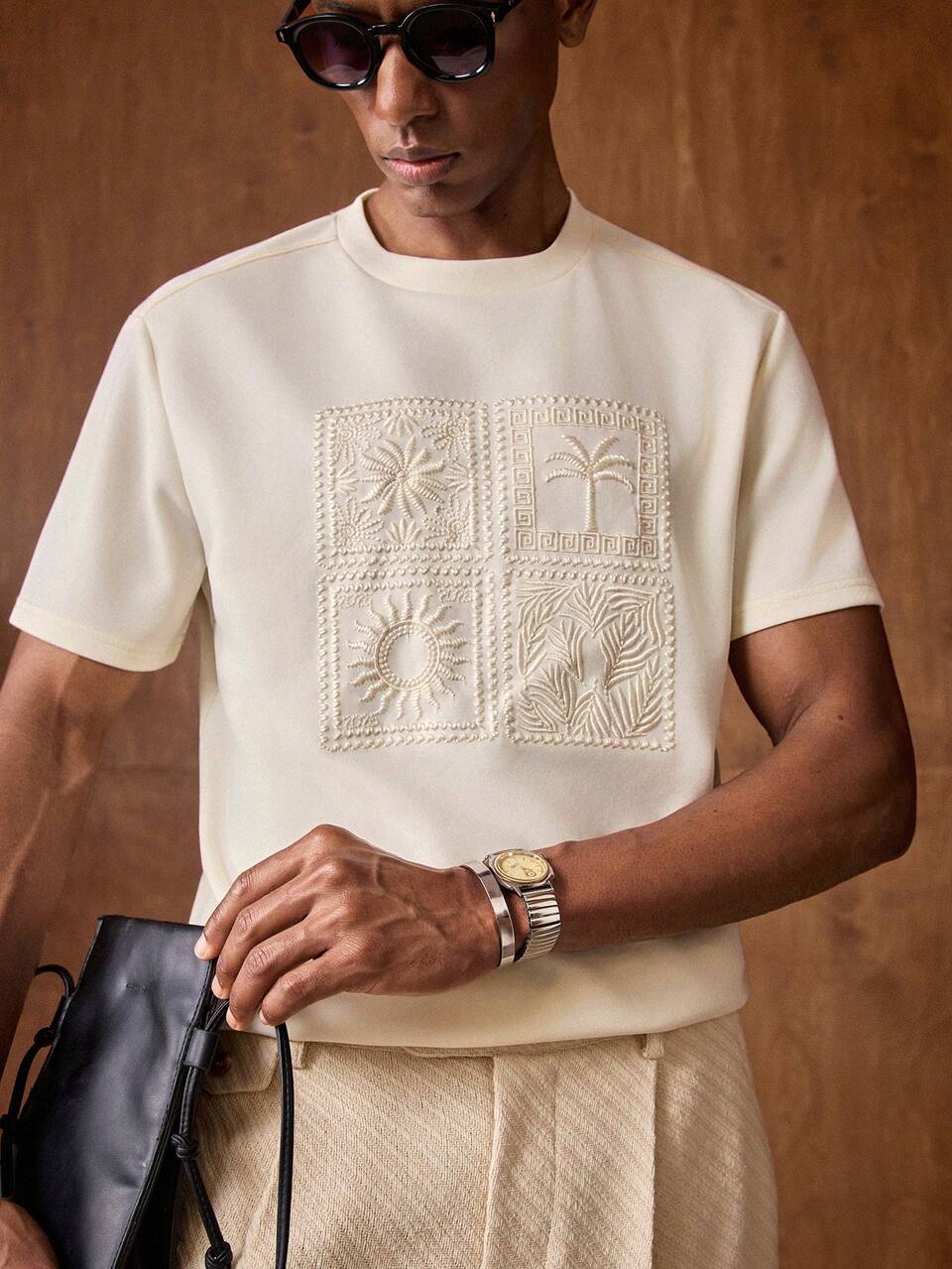 Men's Short Sleeve Palm Tree Embroidery Round Neck Casual T-Shirt , Summer Casual Streetwear Beach Vacation Tee , Father's Day Gifts, Football