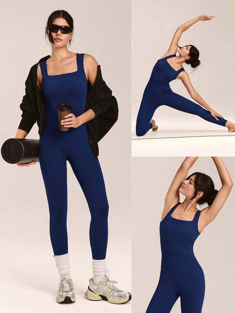 26'' FeatherFit™-Air Sweat-Wicking Quick-Dry Flow And Go Tummy Control Cutout Back Square Neck Back Athletic Workout Romper Bodyduit With Side Pockets Non-Slip Grips Low Impact Yoga Pilates Studio Daily Casual Wear