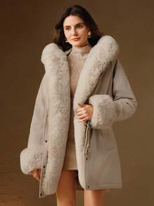 Anewsta 加厚长毛绒领带收腰派克大衣，女士羽绒服 - 米色 - 查看 7