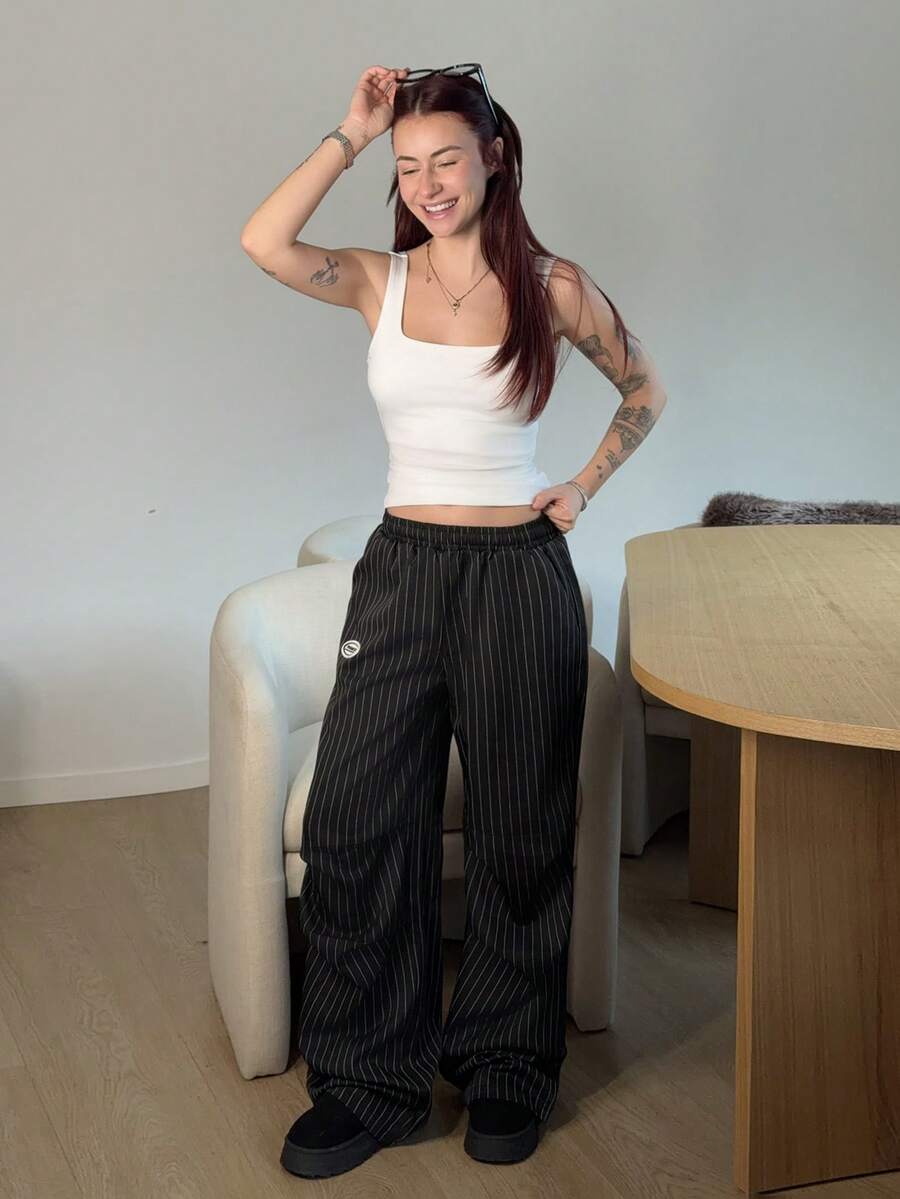 Abrilcols 女式夏季基本款条纹阔腿运动裤 - 黑色 - 查看 1