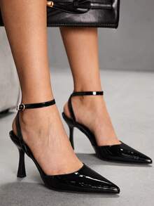 CUCCOO SZL 女士尖头细高跟黑色踝带露跟高跟鞋 简约优雅时尚性感派对宴会女士高跟鞋 女鞋 - 鏡面料黑1 - 查看 3
