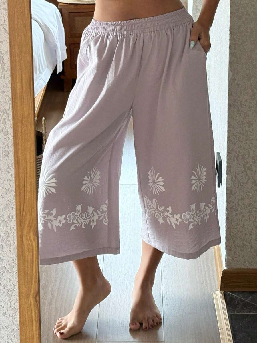 DAZY Quần pajama ống rộng dáng lửng in họa tiết retro dành cho nữ, thích hợp cho kỳ nghỉ biển. - Bụi tím - Xem 1