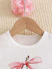 SHEIN Young Girls' Round Neck Cap Sleeve Ruffle Hem Cherry Pattern Casual Summer 2 Pieces Set - Red - View 4
