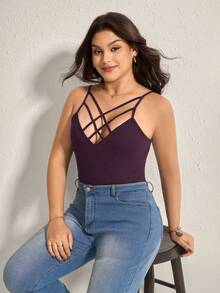SHEIN LUNE Áo tank top nữ cỡ lớn không tay, dây mảnh, kiểu dáng tối giản, thoải mái, thích hợp cho mùa hè, với phần lưng đan chéo. - Màu tím - Xem 3