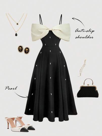 SHEIN MOD Plus Size Women's Patchwork Bowknot Faux Pearl Decor Elegant Waist Cinched Midi Cami Dress For Party, Vintage, Retro, Elegant, Celebration Dress, Night Outfit, Dinner Outfit, Frenchy Vacay Dress, Terrace Chill, Glamour Dress, Tea Chat Elegance Dress, Wedding Guest Dress For Women, Birthday Dress, Slim Fit, Suitable For Commuting And Daily Wear, Spring/Summer Dress, Formal Dress For Women, Vacation, Off Shoulder Formal Dress Black Off Shoulder Dress Elegant Dinner Dress