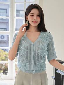 DAZY Women's Elegant 3D Flower & Pearl V-Neck Short Sleeve Cardigan, Summer - Blue - View 4
