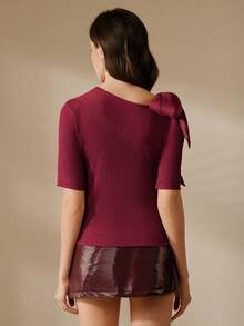 Anewsta 时尚露肩蝴蝶结肩带设计百搭清新女士短袖上衣，红色 - 酒紅色 - 查看 6