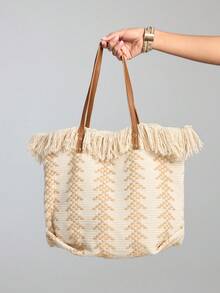 ROMWE Kawaii حقيبة كتف خفيفة الوزن من القش المزين بالخيوط، حقيبة كتف أنيقة صيفية فاخرة ، سعة كبيرة للسيدات والفتيات المراهقات والطالبات الجامعيات والعاملات المكتبيات البيضاء ، مثالية للعمل والعودة إلى المدرسة للمرحلتين الإعدادية والثانوية والكلية والرحلات - بيج - مشاهدة 5