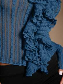 Radiana 女士性感优雅独特黑色蕾丝开衫上衣，浪漫蕾丝荷叶边修身衬衫，喇叭袖V领低胸上衣，适合休闲外出、约会、聚会、派对、夜店、节日、度假等场合。 - 藍色 - 查看 7