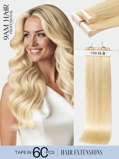 60片装胶带式接发片，100%真人发，#613金色直发，长度14-22英寸，丝滑无痕，隐形效果极佳，发尾浓密，健康真人发，适合发量稀少、沙龙级及所有女性/女孩日常使用。