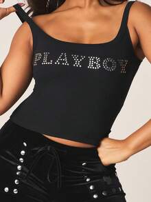 Missguided x Playboy Débardeur court décontracté d'été sans manches avec encolure dégagée et ornements de strass, idéal pour les tenues superposées - Noir - Voir 5