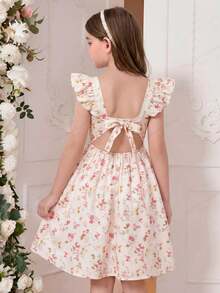 SHEIN Vestido informal para niña preadolescente con cuello cuadrado, volantes en el bajo y estampado floral diminuto - Amarillo - Ver 3