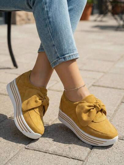 Zapatillas casuales de plataforma para mujer con moño grande, punta redonda, estilo cute, uso diario, court wedges