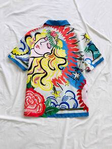 Soleia 女士彩色涂鸦印花翻领衬衫，适合海滩、邮轮、城市、度假、约会、下午茶、音乐节、波西米亚风、海滩度假村、海岛度假村、海滩假期、音乐节等场合，四季皆宜，日常通勤也适用。 - 彩色 - 查看 5