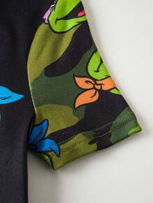 TEENAGE MUTANT NINJA TURTLES | SHEIN Young Boy Cartoon Green Camouflage Cute Casual Short Sleeve T-Shirt And Leggings Pajama Set - Black - View 8