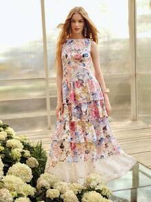 MOTF PREMIUM 女士浪漫印花无袖叠层中长连衣裙，春夏款 - 紫色 - 查看 8