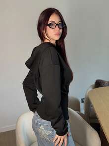 Abrilcols 女式棕色连帽束腰长袖运动衫，秋冬款 - 黑色 - 查看 4