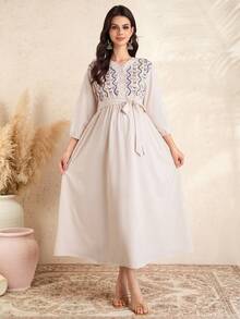 Momance 灯笼袖孕妇连衣裙，V领，半开襟，腰部刺绣，松紧腰带，前襟蝴蝶结，下摆刺绣，A字裙 - 杏色 - 查看 3