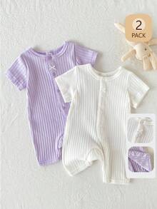 SHEIN Playful Pals 2件組新生女嬰連身褲可愛螺紋短袖連身衣白色夏季休閒套裝純棉吸濕透氣親子款 - 彩色 - 查看 5