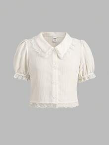 SHEIN 少女白色蕾丝拼接泡泡袖纽扣前领短款休闲衬衫 - 白色 - 查看 8