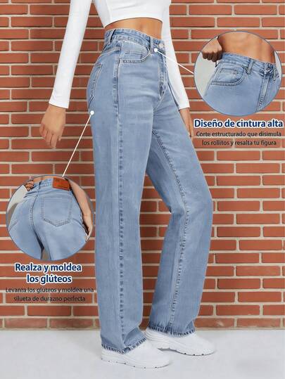 Jeans casuales de pierna recta y ajuste holgado para mujer con bolsillos, jeans rectos de moda, pantalones vaqueros holgados de mezclilla lavada, estilo vintage y casual, pierna ancha y talle alto para uso diario, cómodos, elásticos y aptos para todas las estaciones
