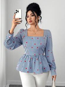 SHEIN Elenzya Plus Size Women's Square Collar Blue & White Striped Red Heart Print Waist Cinched A-Line Long Sleeve Shirt,Elegant Autumn Everyday Commuting Style - Blue - View 3