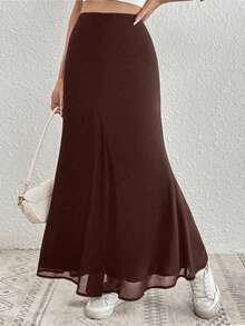Almamuse Váy maxi dài cạp cao bằng vải lưới màu nâu dành cho nữ, váy dài xẻ tà, váy bất đối xứng, váy lụa, váy thanh lịch. - màu nâu - Xem 4