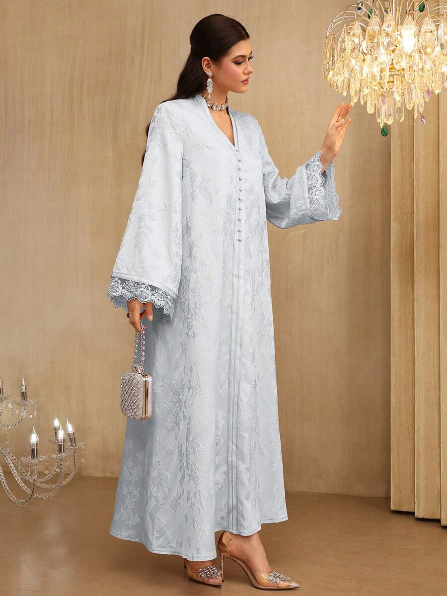 SHEIN Najma 女士V领优雅提花缎带蕾丝拼接长袖喇叭连衣裙 - 藍色 - 查看 1