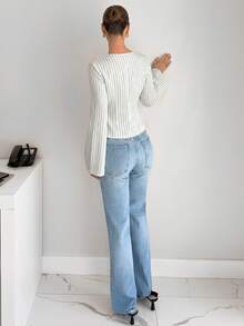 Siren Gaze Áo sơ mi dài tay xếp ly in họa tiết kẻ sọc thanh lịch dành cho nữ - trắng - Xem 2