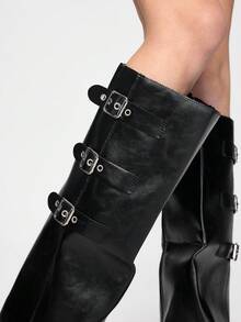 ROMWE Grunge Punk 女士新款秋冬粗跟尖头踝靴，时尚夜店欧美风，秋季过膝长靴，经典靴款，冬季，秋季，可拆卸百搭高筒靴，派对必备 - 黑色 - 查看 3