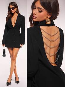 Radiana Sexy Black Plain Thigh Length Blazer Dress For Women Featuring Open Back With Chain Details And Lapel Collar Backless - Black - View 1